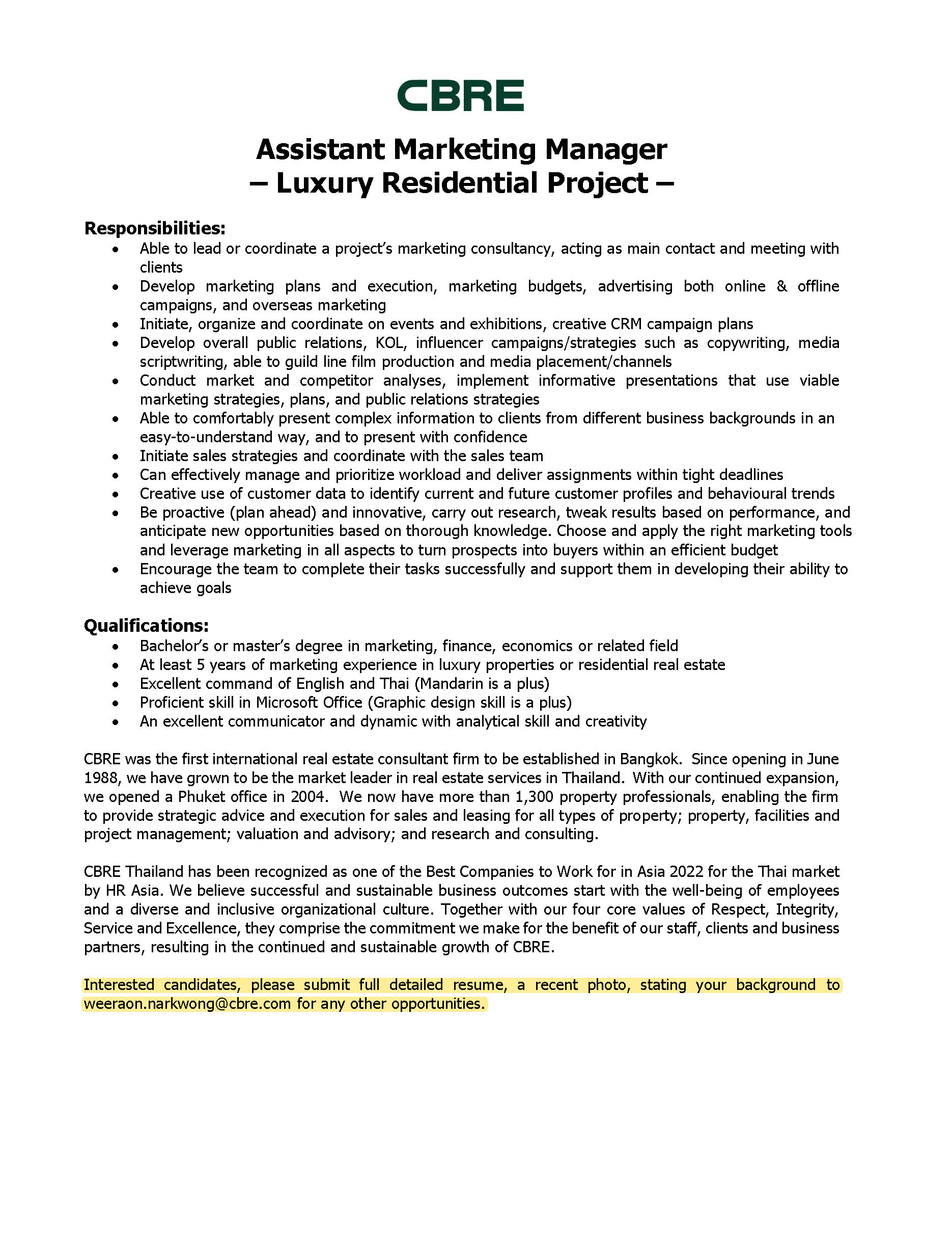 JD Assistant Marketing Manager Luxury Residential Project